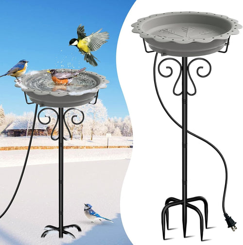 Heated Bird Bath Outdoor Water Feeder 100W Thermostat Grey Metal Stand Winter