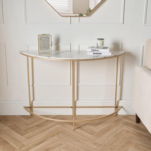 Semi Circle Marble Console Table, Gold Frame, 110x35x76cm Hallway