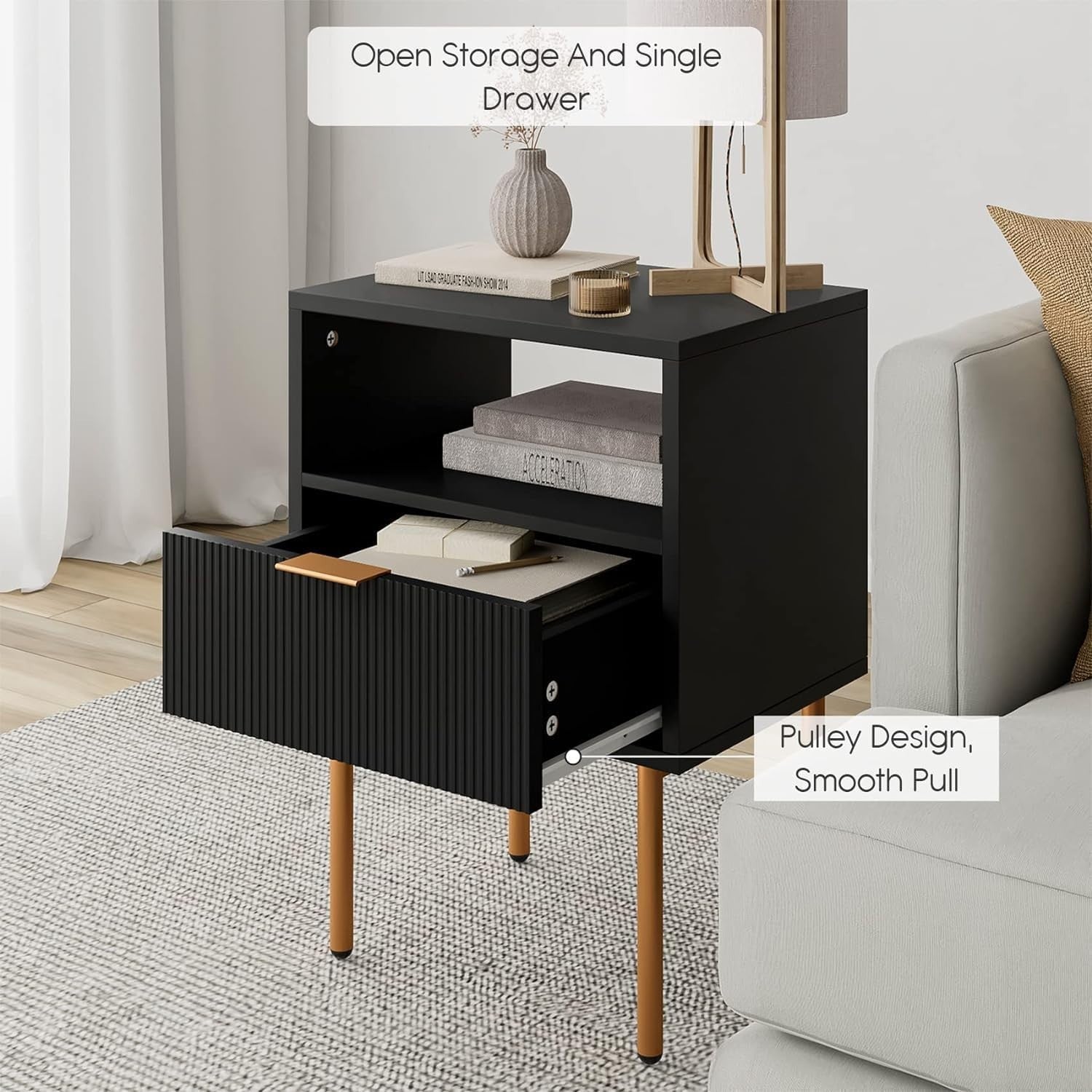 Modern Black Bedside Table with Gold Legs | 1 Drawer Nightstand with Shelf