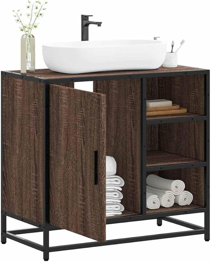 Brown Oak Bathroom Sink Cabinet 65x33x60cm Under Basin Storage Unit Shelves