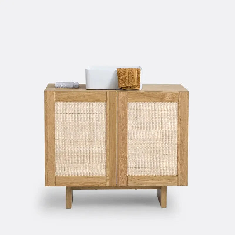Oak Rattan Bathroom Vanity Unit 90 cm Cabinet | Soft-Close 2-Door Storage