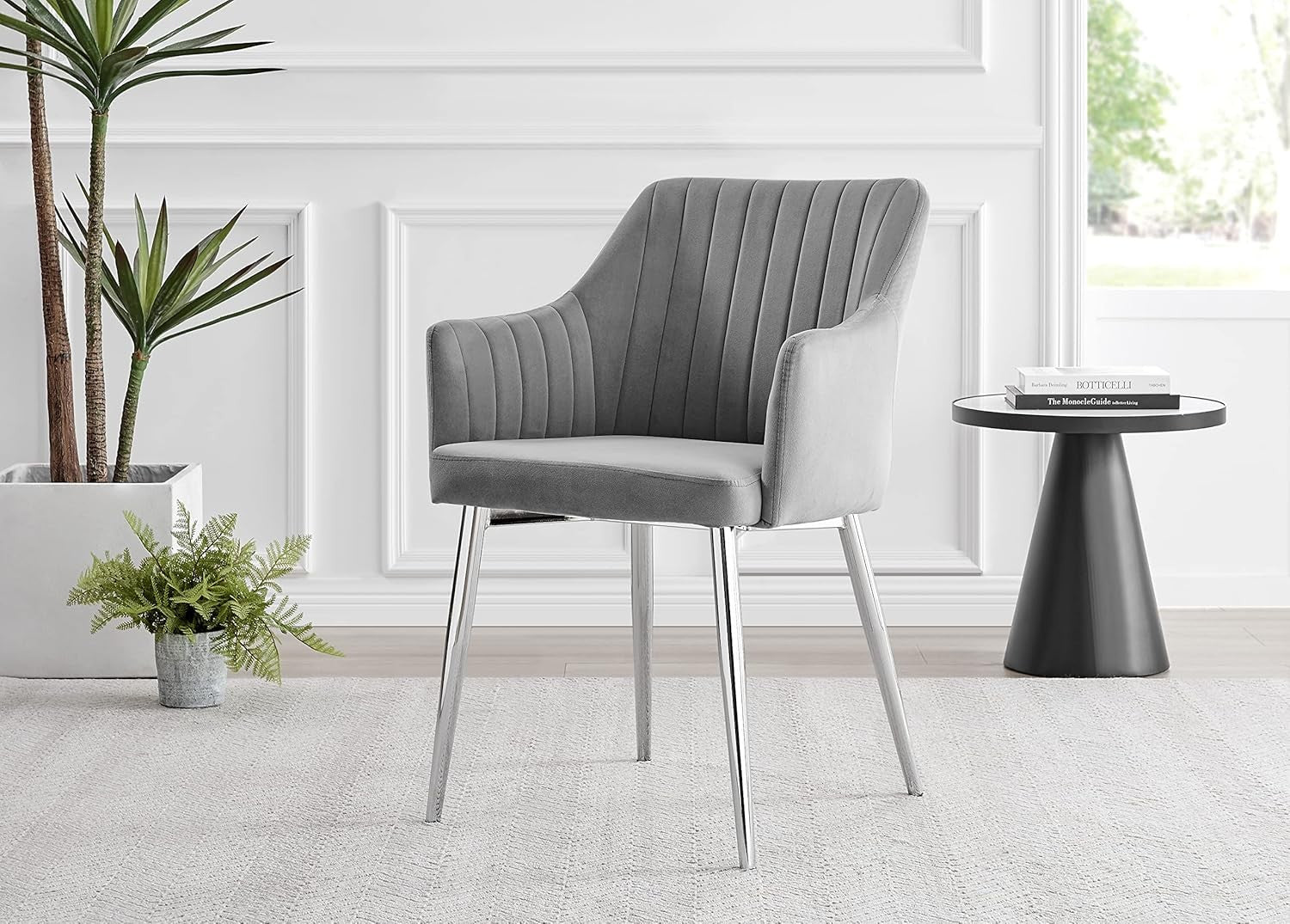 Grey Velvet Dining Chairs Set of 2 High Arm Chrome Legs