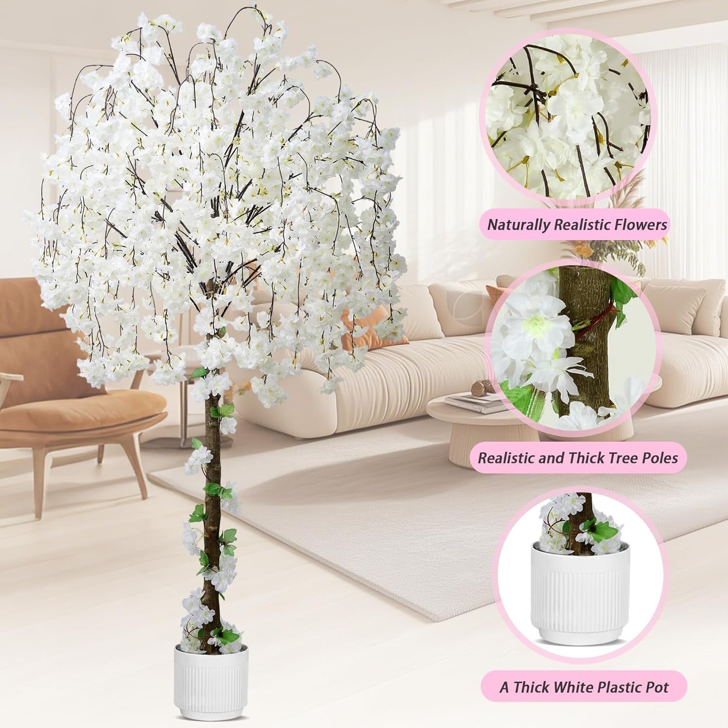6FT Artificial Cherry Blossom Tree White Faux Flower Plant Indoor Wedding Decor