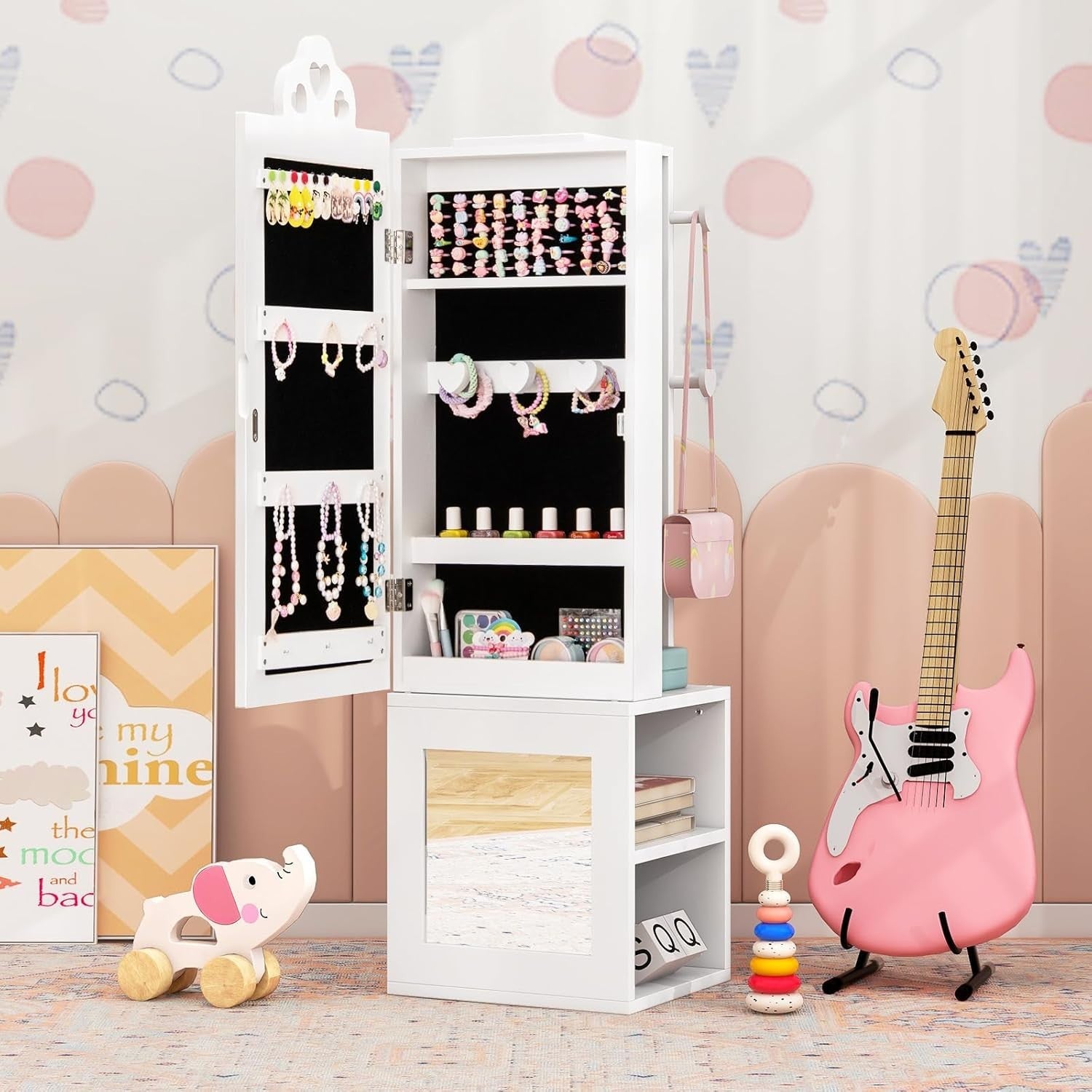 Kids Jewelry Cabinet Mirror Organizer with Clothes Rack Storage Shelves
