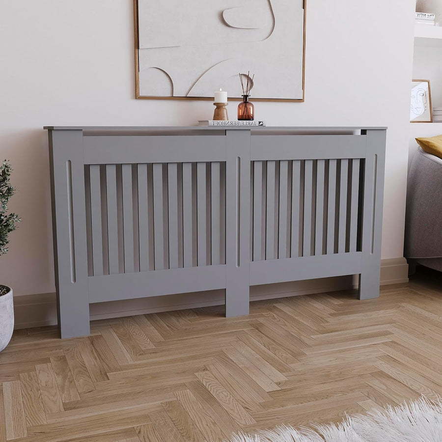 Large Olive Grey Radiator Cover | Modern Slatted MDF Heater Cabinet with Shelf