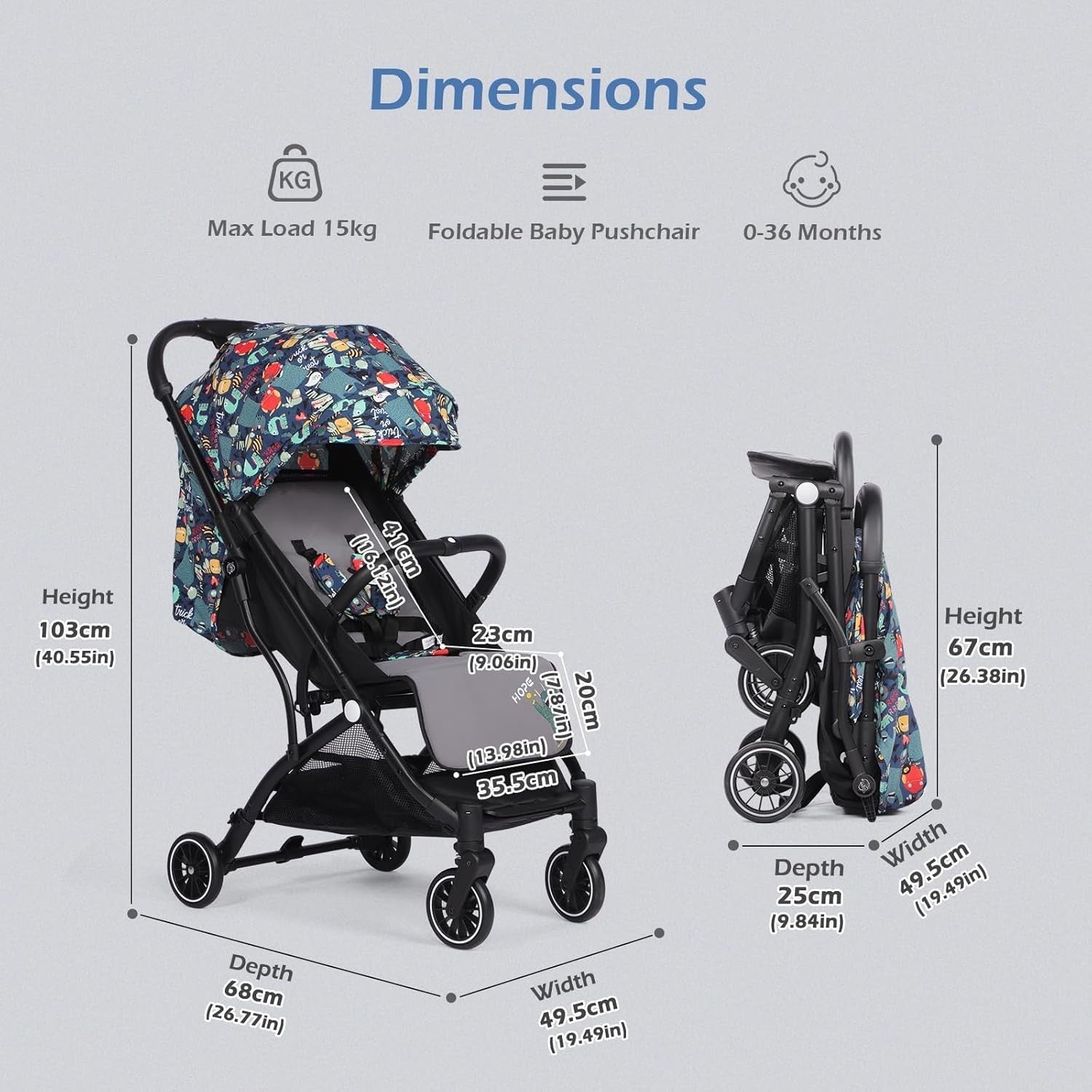 Compact Lightweight Travel Pushchair Buggy One-Hand Fold Newborn–3Y 15kg