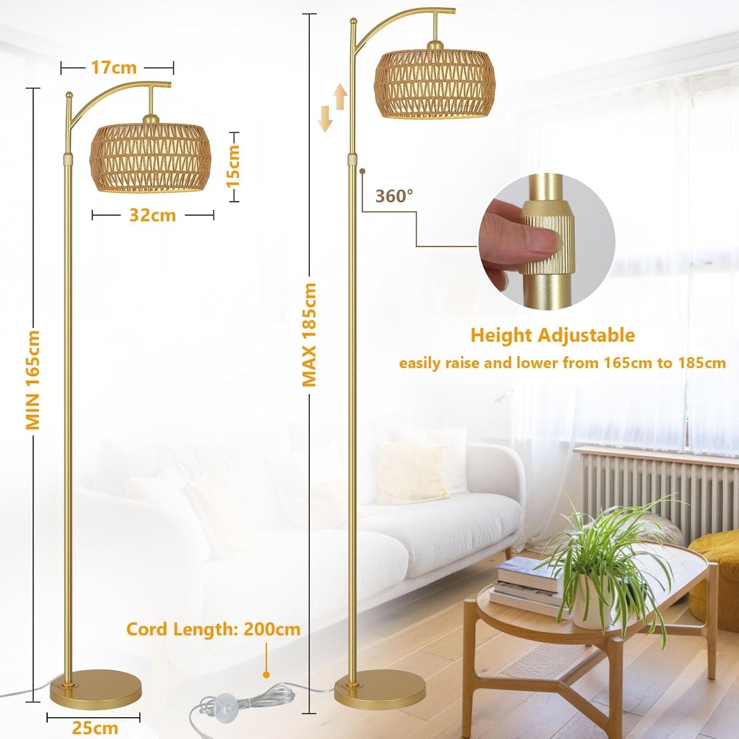 Rattan Floor Lamp Remote Control Dimmable LED Boho Gold Standing Light