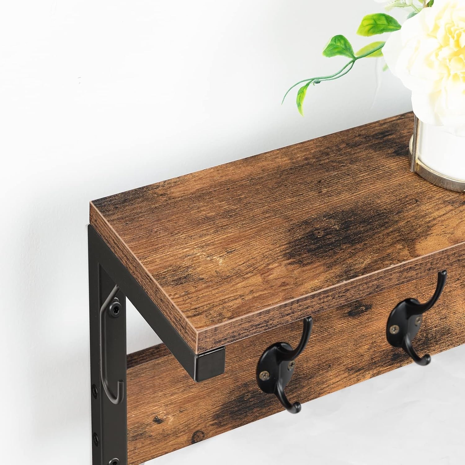 Rustic Wall Coat Rack with Shelf 7 Hooks 70cm Hallway Entryway Organizer
