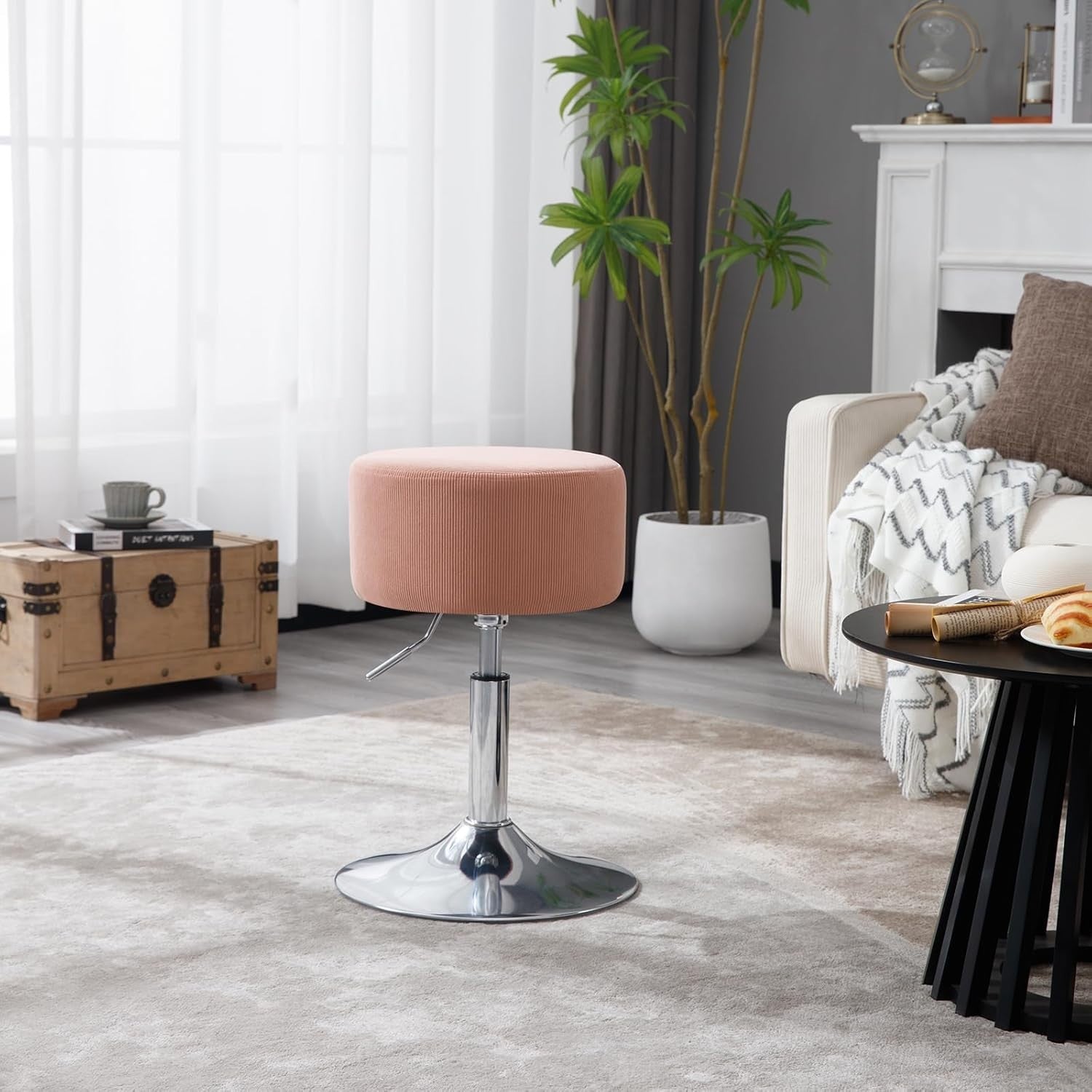 Set of 2 Pink Corduroy Swivel Stools Height Adjustable Round Vanity Seats