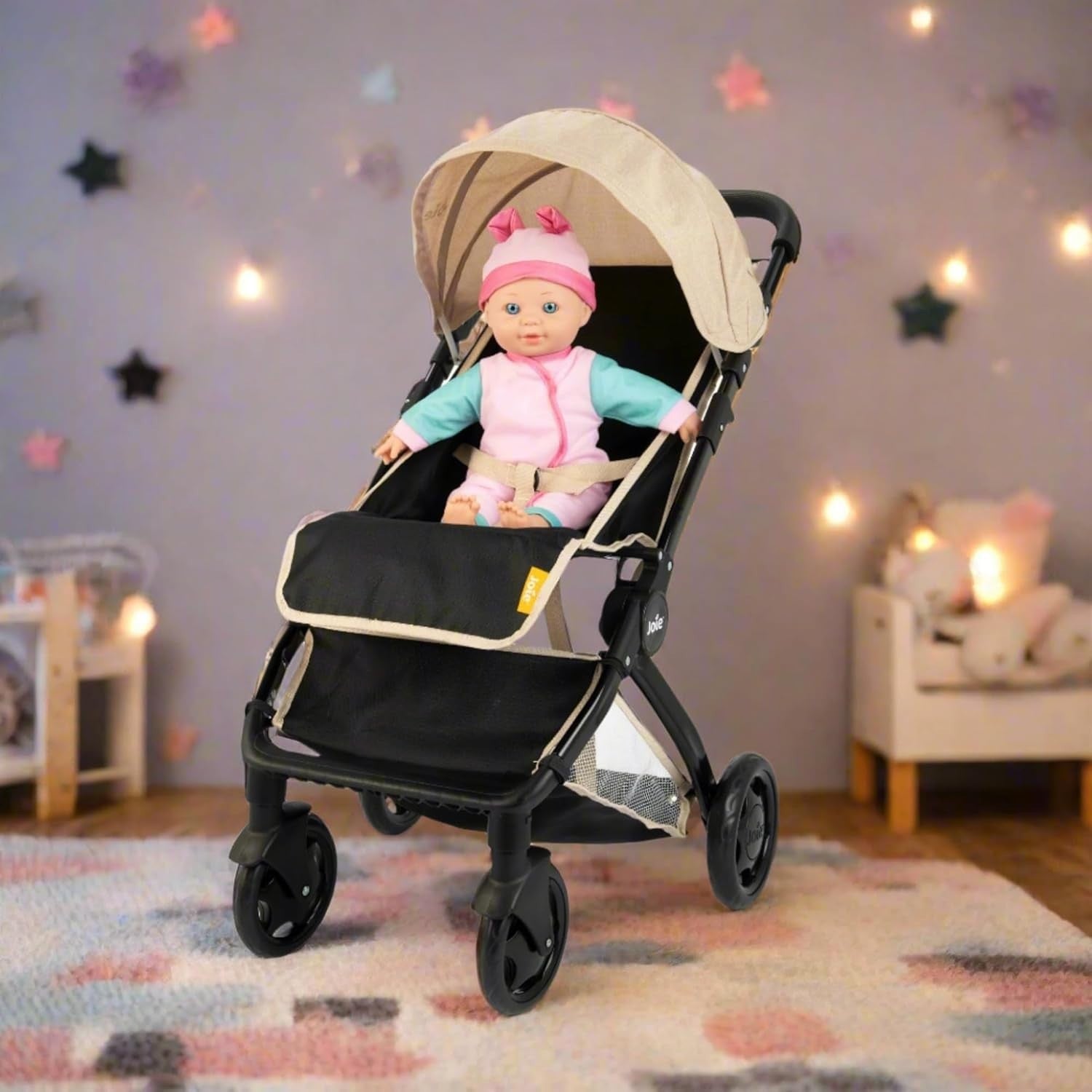 Compact Dolls Pram with Adjustable Handle, Foldable Toy Buggy, 3+