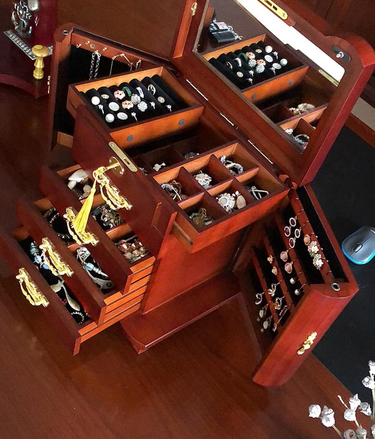 Wooden Jewelry Armoire Cabinet with Flip Top Mirror Drawers Side Doors