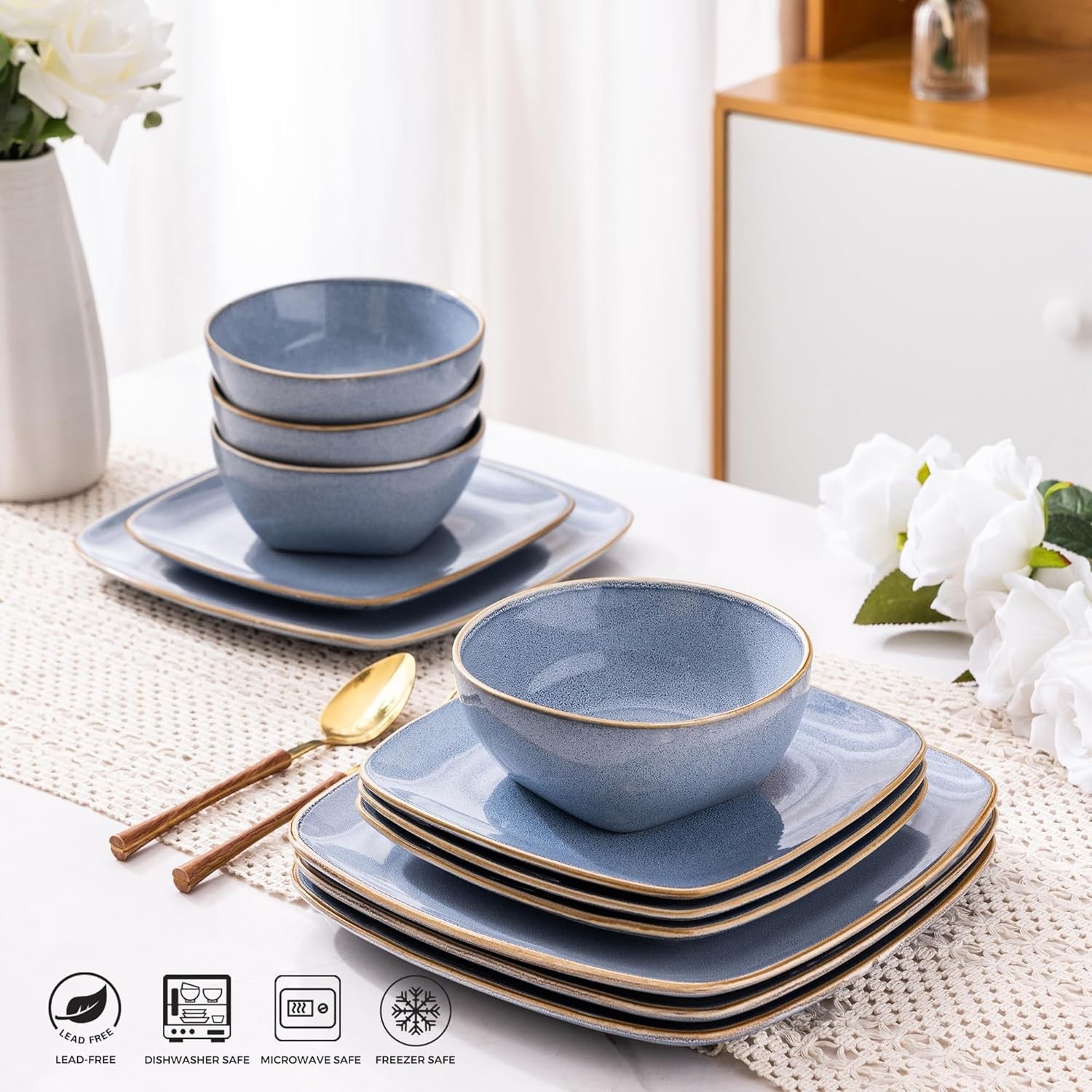 12pc Square Dinnerware Set Reactive Blue Stoneware Scratch Resistant Dishwasher