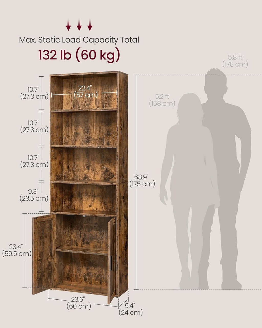 6-Tier Rustic Brown Bookshelf with Doors, Adjustable Shelves, 24x60x175 cm
