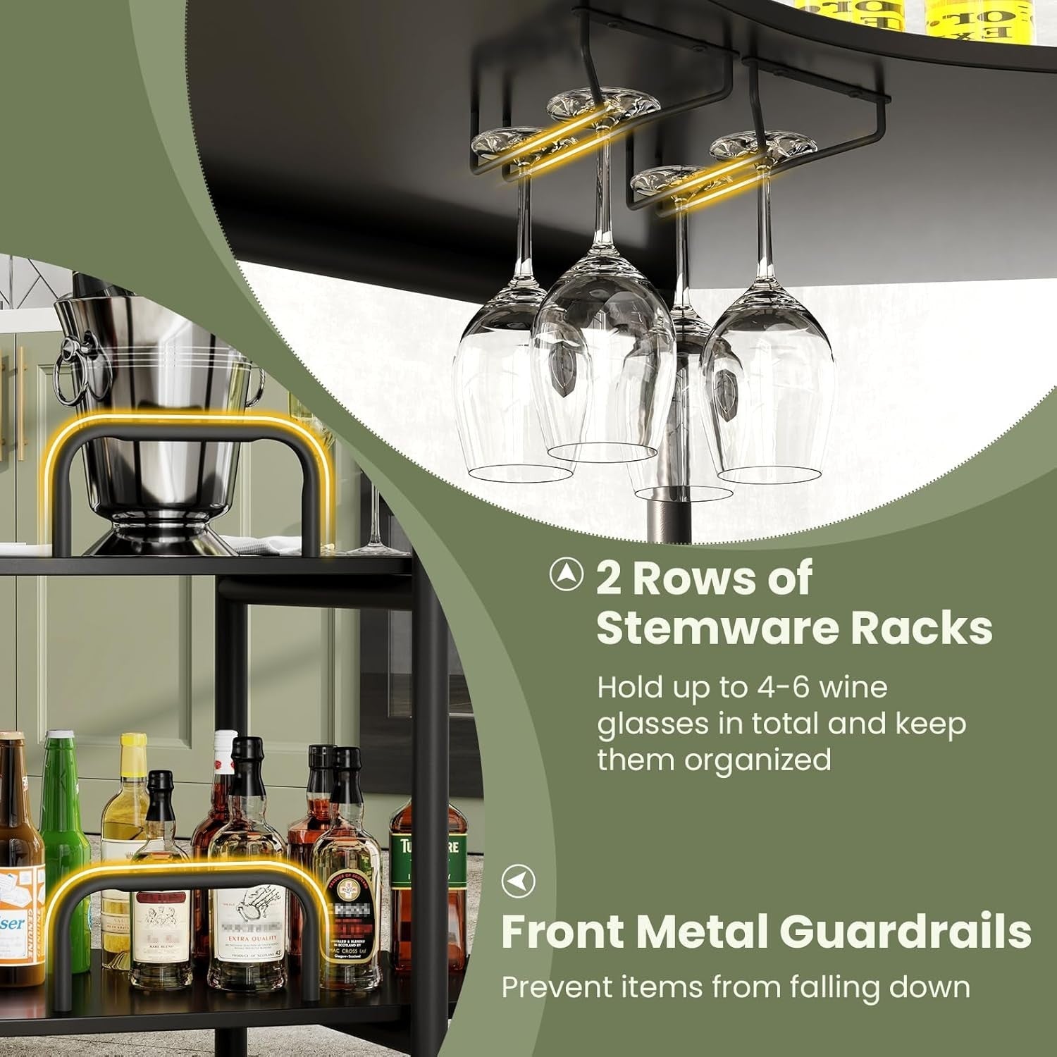 3-Tier Wine Bar Cabinet with Glass Holder, Freestanding Drinks Storage Table