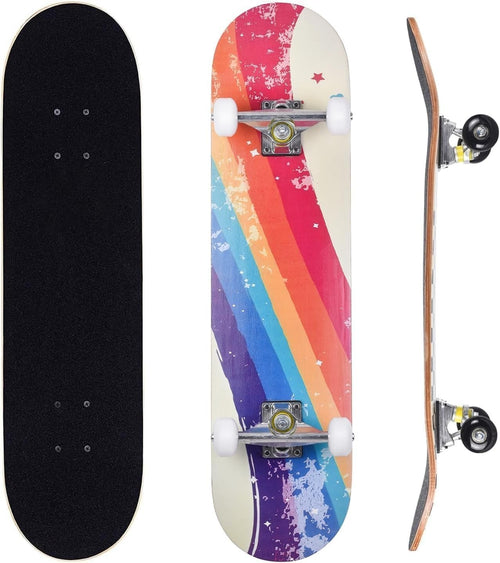 31in Beginner Skateboard Double Kick Maple Deck Rainbow Stripes + T Tool
