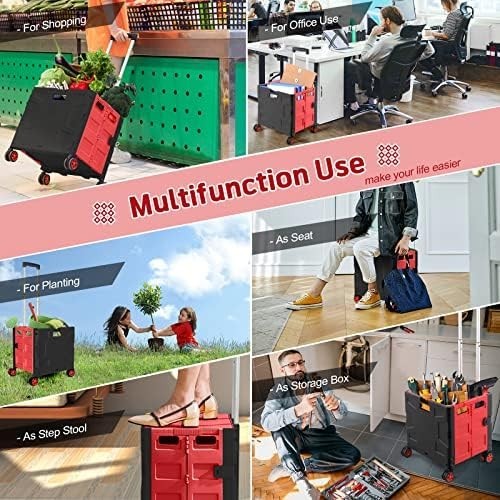 Foldable Grocery Shopping Trolley Cart Box 50Kg with Lid Portable Red