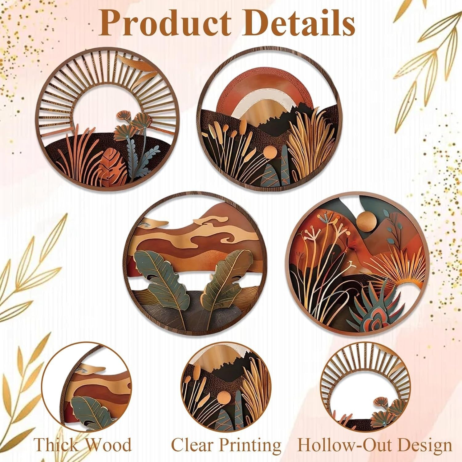 4pcs Boho Round Wooden Wall Art Hanging Decor Set