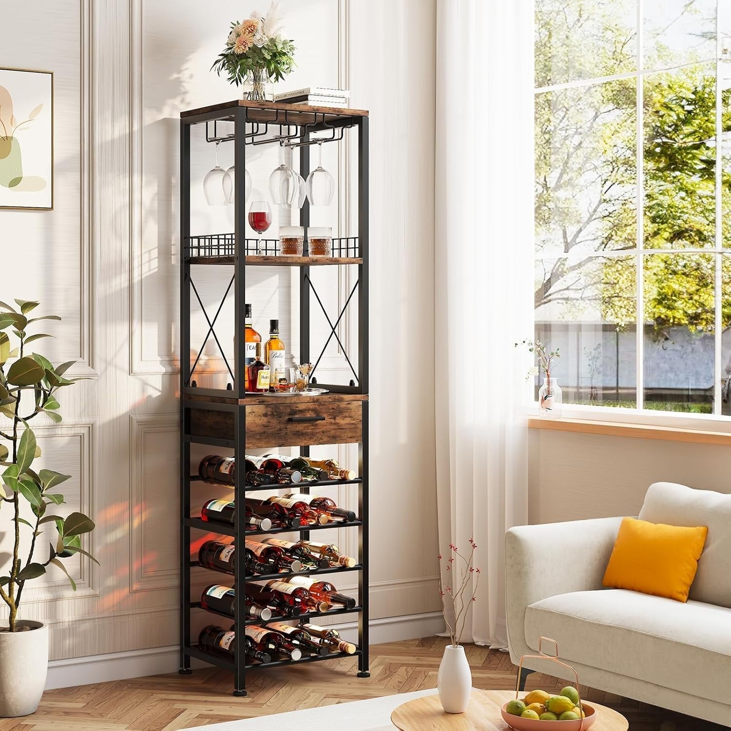 Tall Wine Rack Cabinet with Drawer & Glass Holder, 20 Bottle Storage Shelf Stand