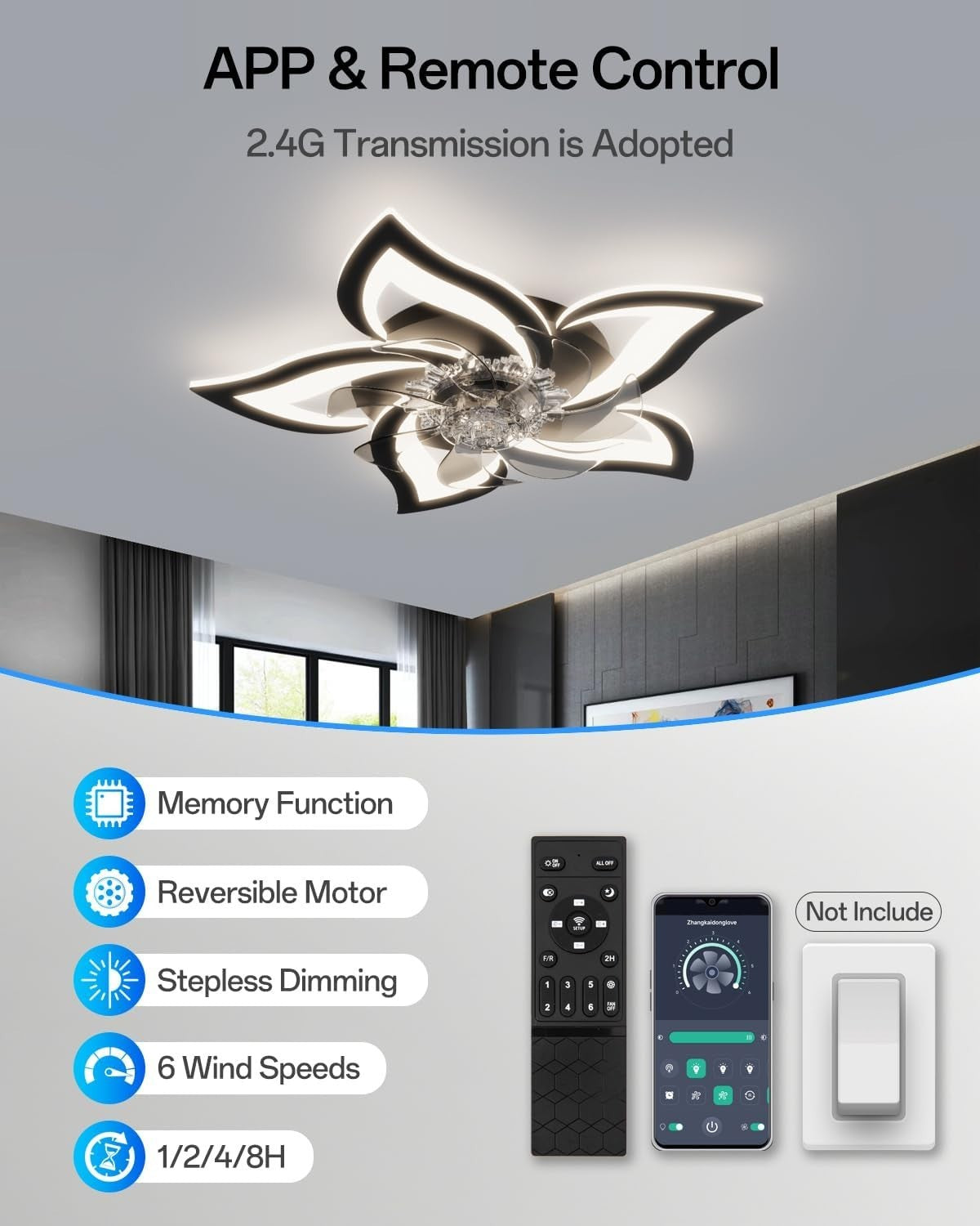 Black Ceiling Fan with Lights, 6 Speeds, Dimmable LED