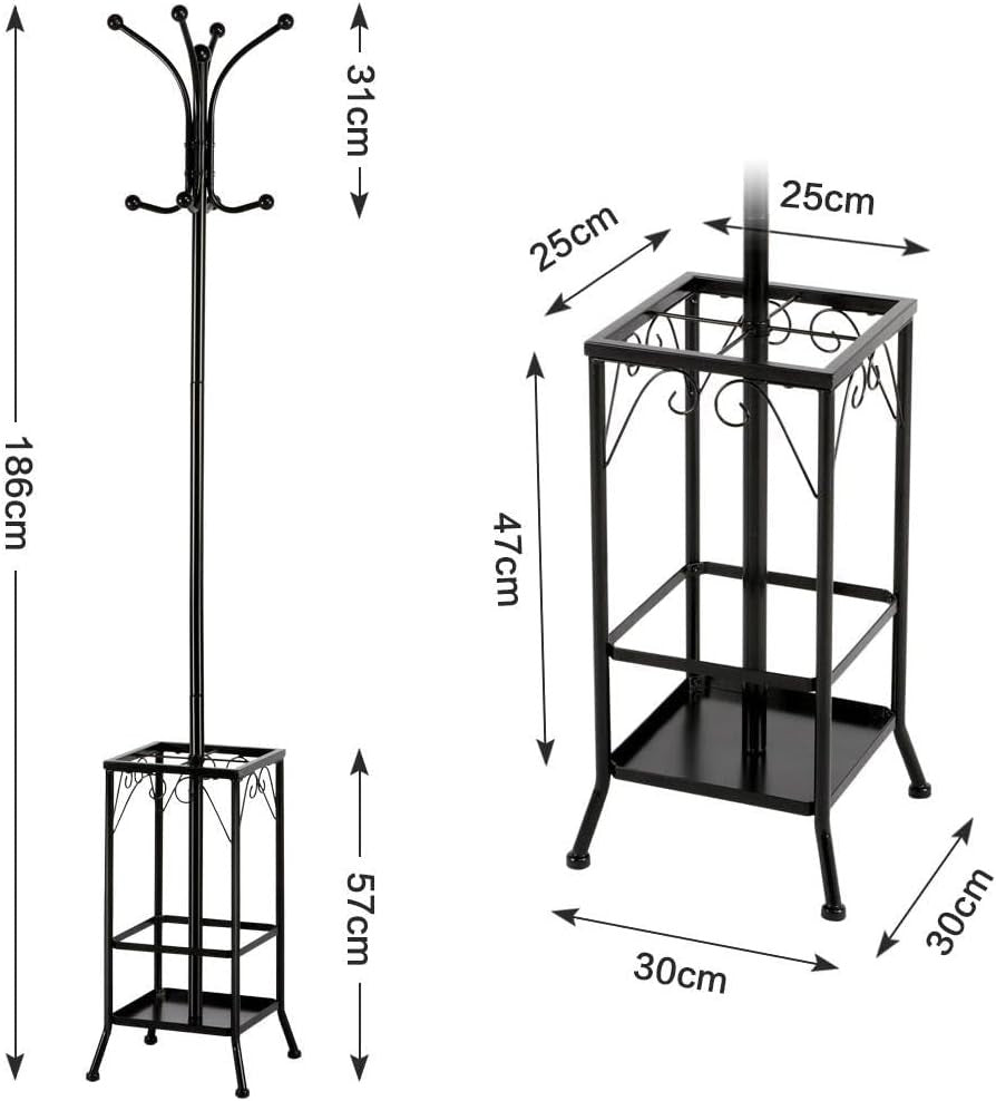 Metal Coat Rack Stand with Umbrella Holder | 8 Hooks Free Standing Tree