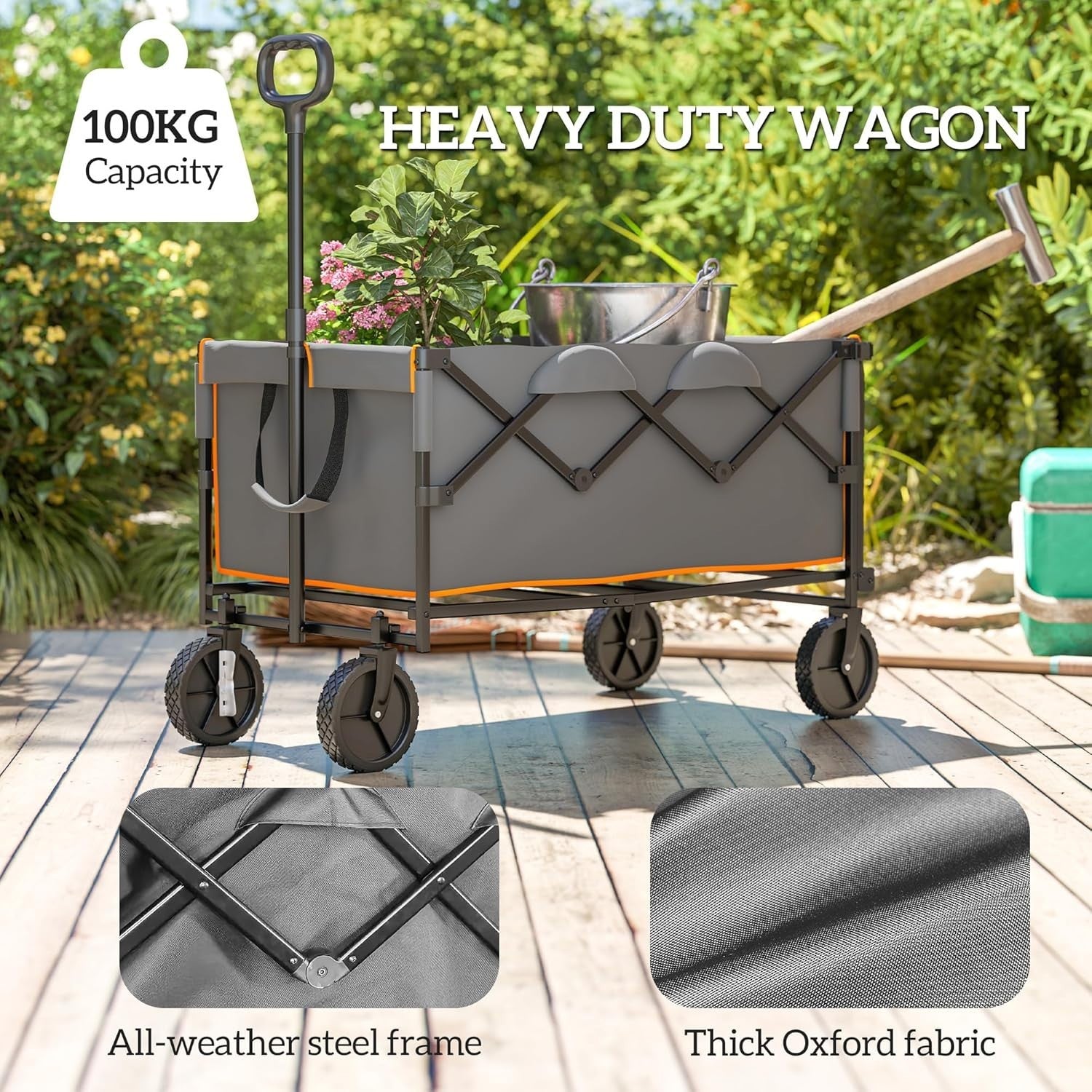 160L Folding Festival Trolley 100kg Heavy Duty Wagon w/ Tailgate – Grey/Orange