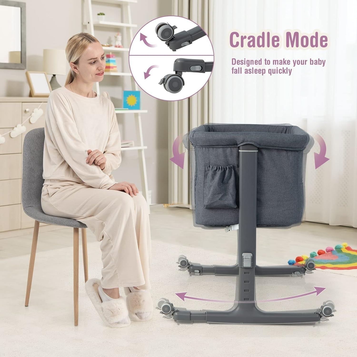 3-in-1 Baby Bedside Crib with Adjustable Heights, Mattress & Carry Bag Dark Grey