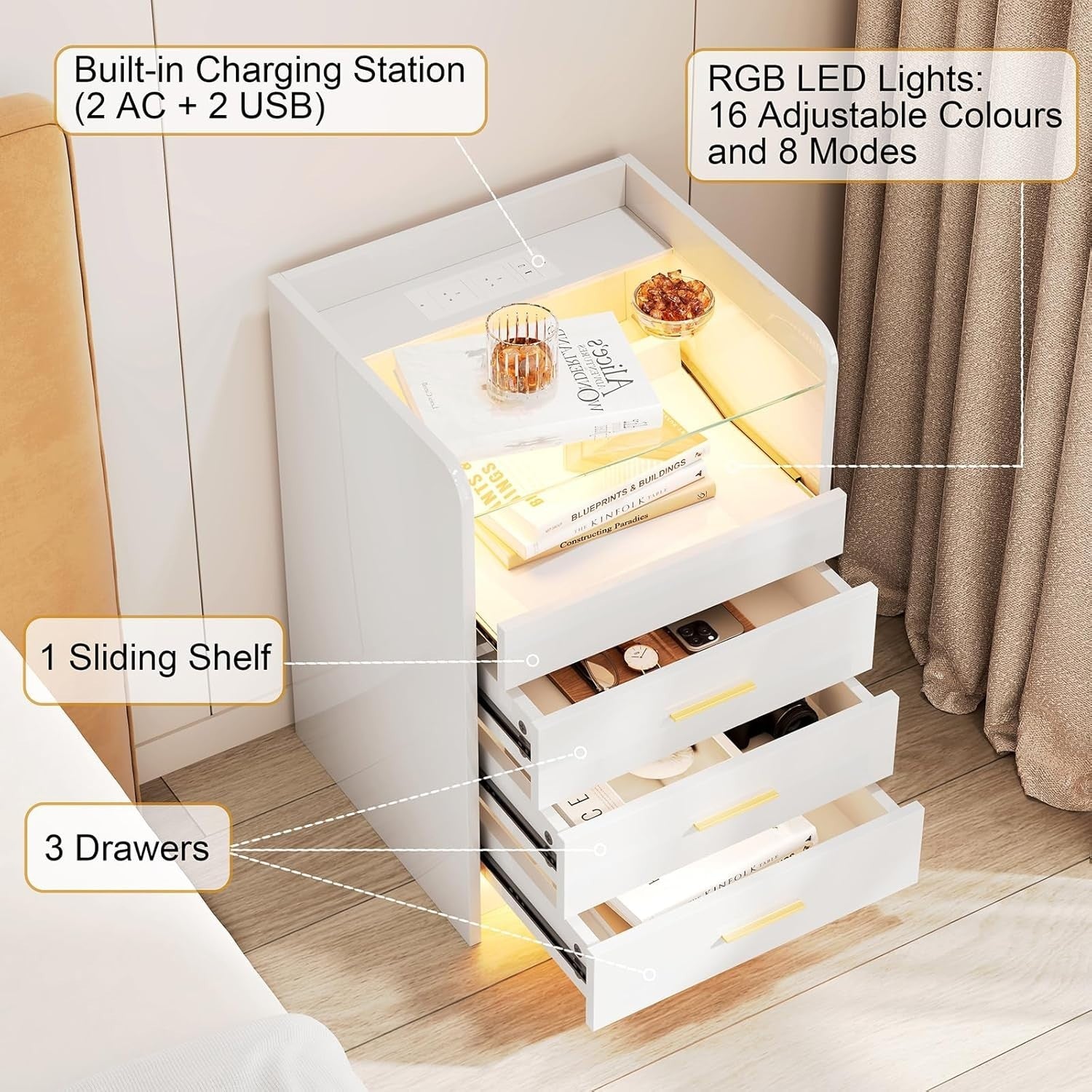 Modern White LED Bedside Table with Power Socket, RGB Light & 3 Drawers