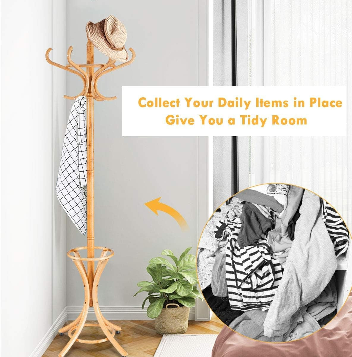 Wooden Coat Rack Stand with 12 Hooks & Umbrella Holder | Oak Hall Tree