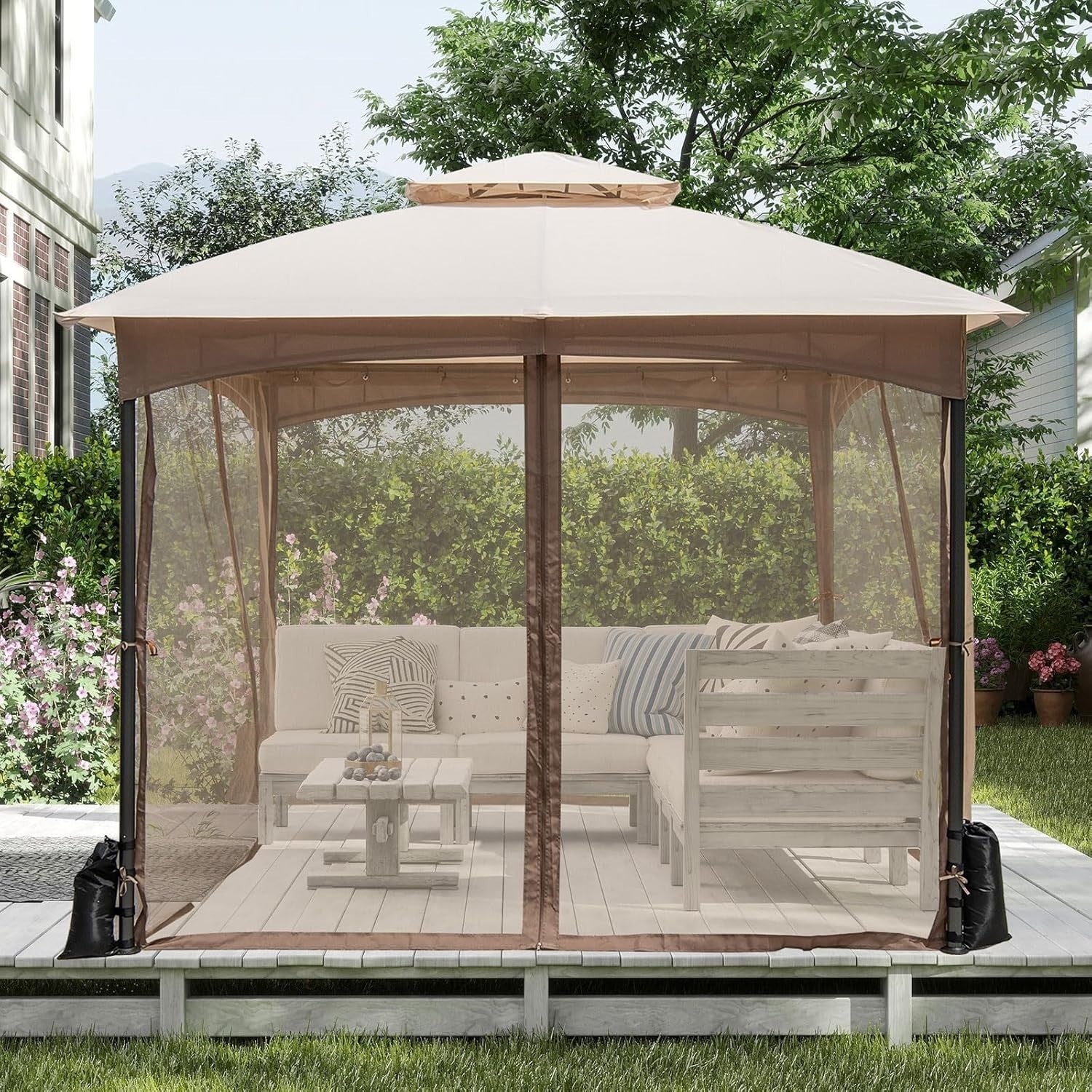 3x3M Garden Gazebo Double Roof Patio Tent With Netting & Sandbags Khaki