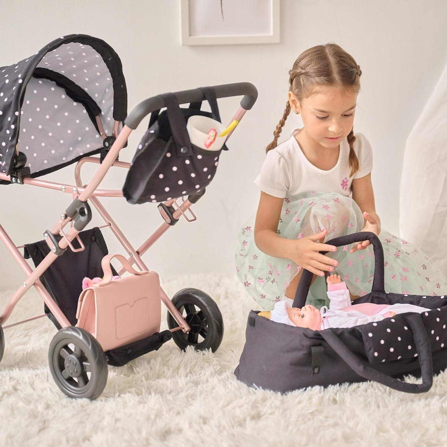 2-in-1 Doll Stroller Removable Bassinet Foldable Canopy Basket Bag