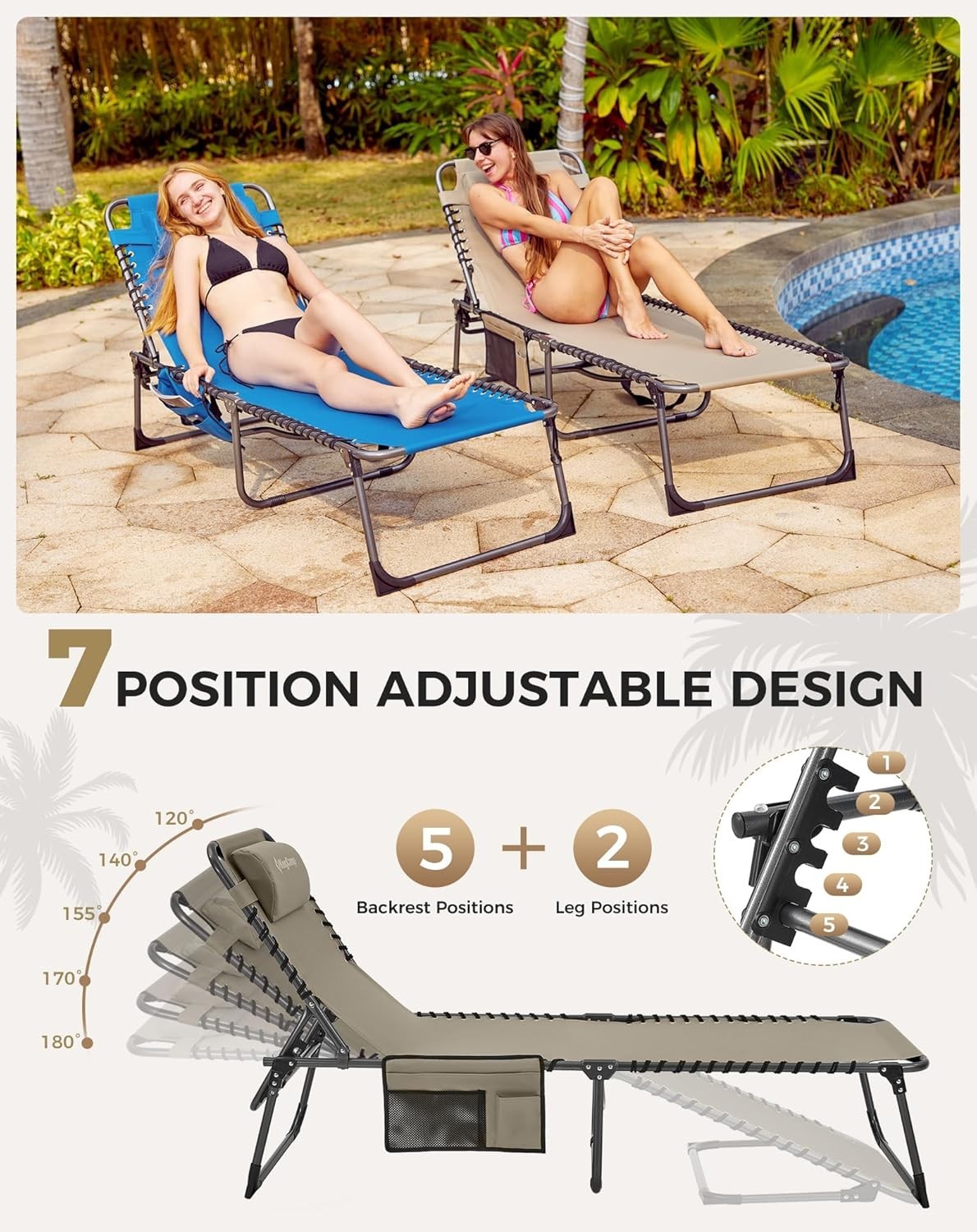 Adjustable Reclining Sun Lounger Folding Outdoor Bed 5 Position 150kg Max
