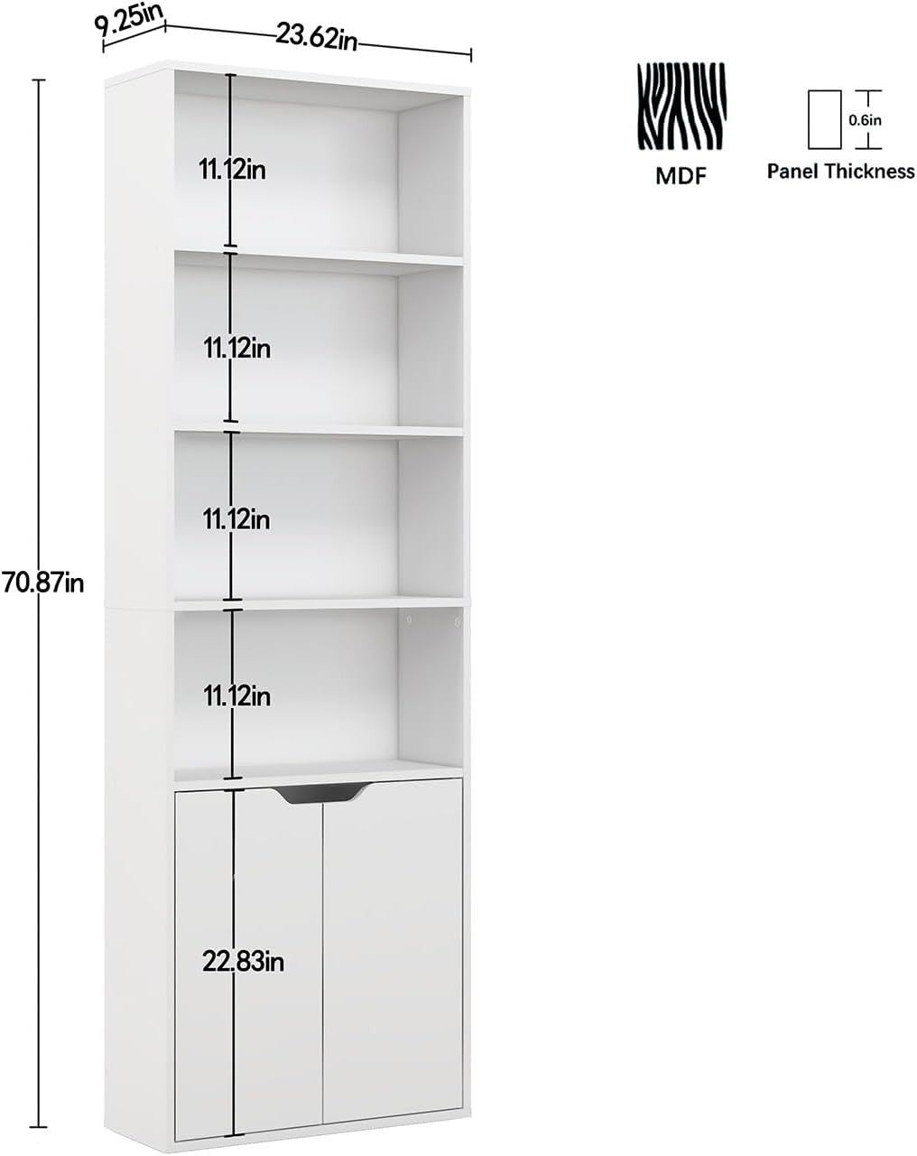 White 6 Tier Tall Bookcase with Doors Modern Storage Cupboard Free Standing Unit