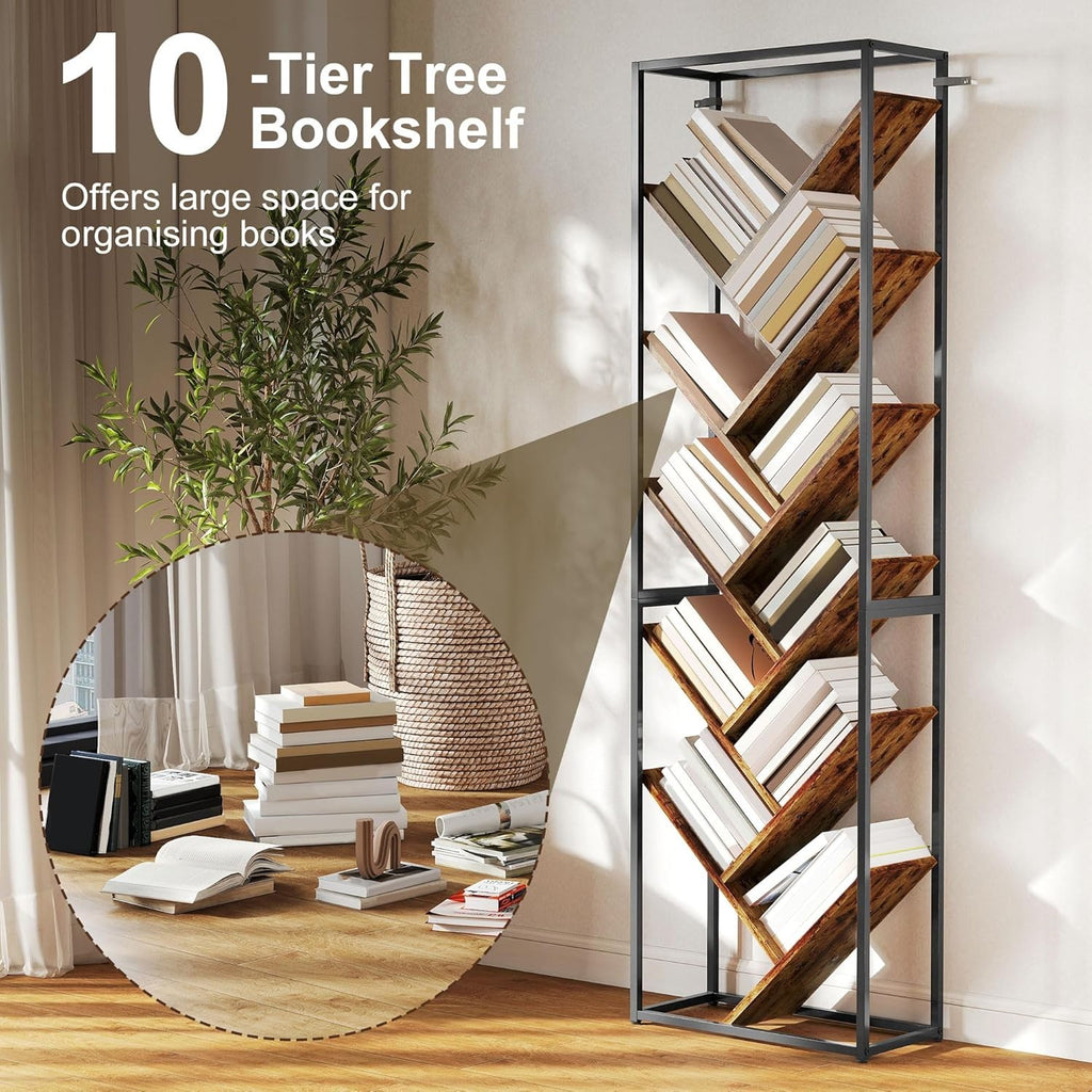 10-Tier Tree Bookshelf Industrial Tall Display Storage Unit for Living Room Offi