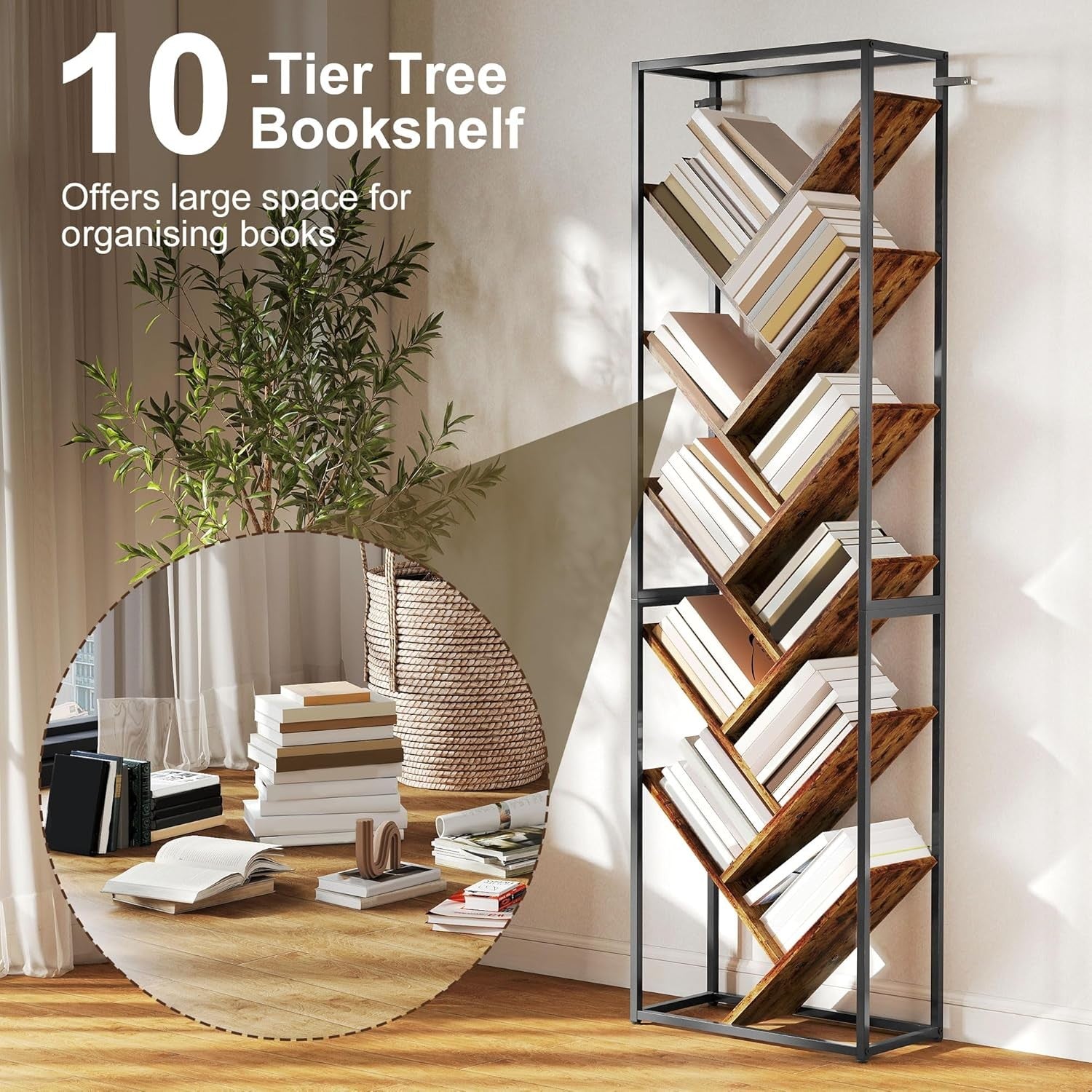 10-Tier Tree Bookshelf Industrial Tall Display Storage Unit for Living Room Offi
