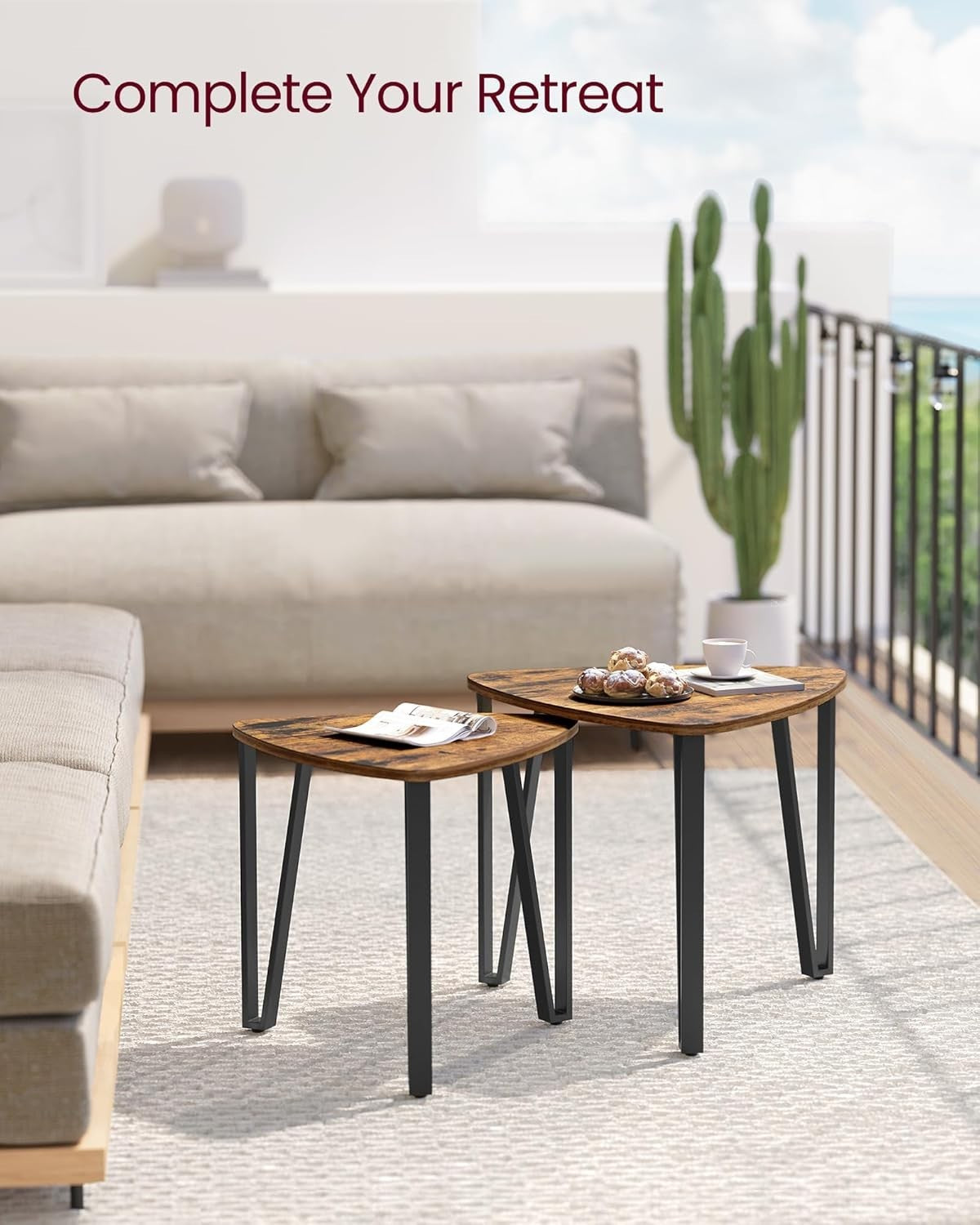 Set of 2 Nesting Triangle Side Tables Rustic Coffee End Table Wood/Steel Frame