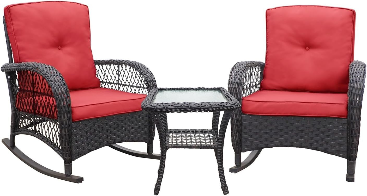 2 Seat Rattan Rocking Bistro Set w/ Red Cushions & Glass Table Outdoor Patio