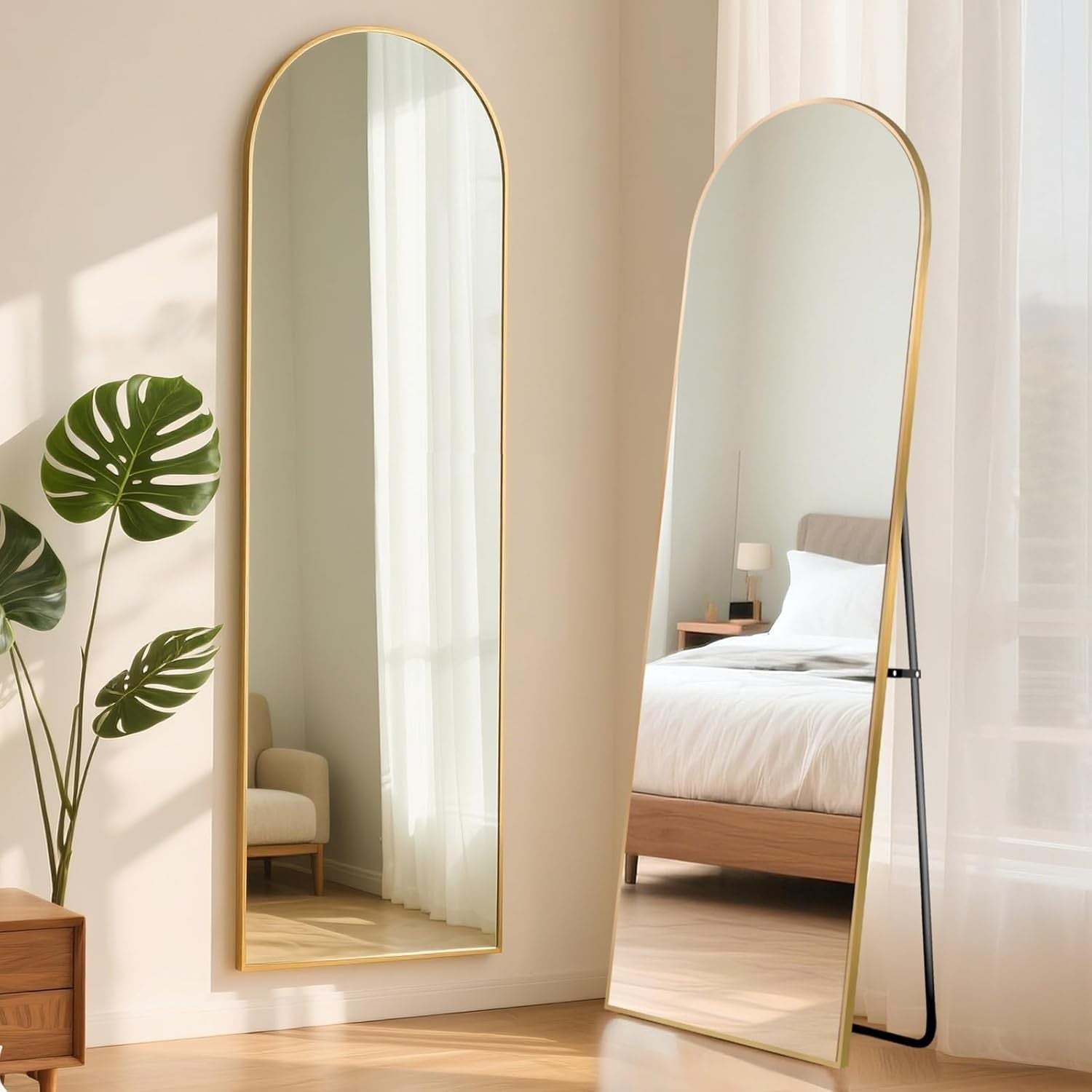 Full Length Arch Mirror 152x42cm Golden Frame Tempered Glass Free Standing