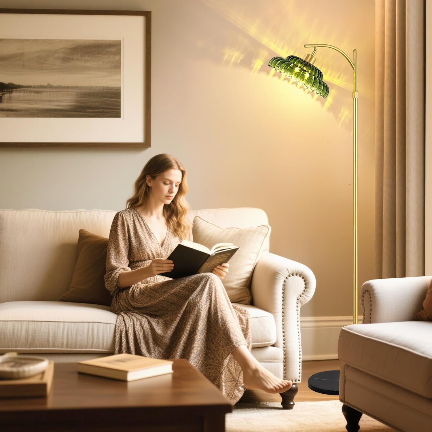 Gold Floor Lamp Dimmable Remote Green Glass Shade LED Tall Standing