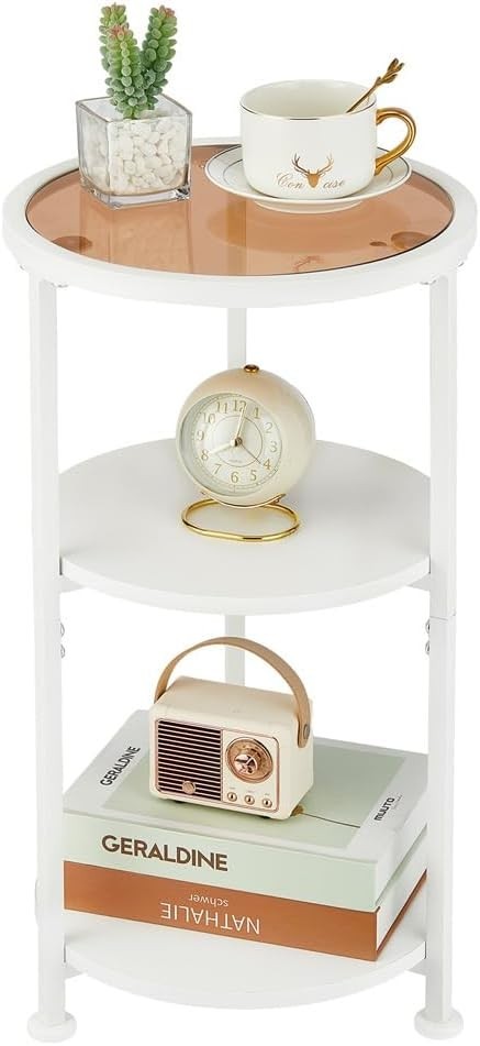 Modern White Round Side Table with Tempered Glass & 3-Tier Storage Shelf