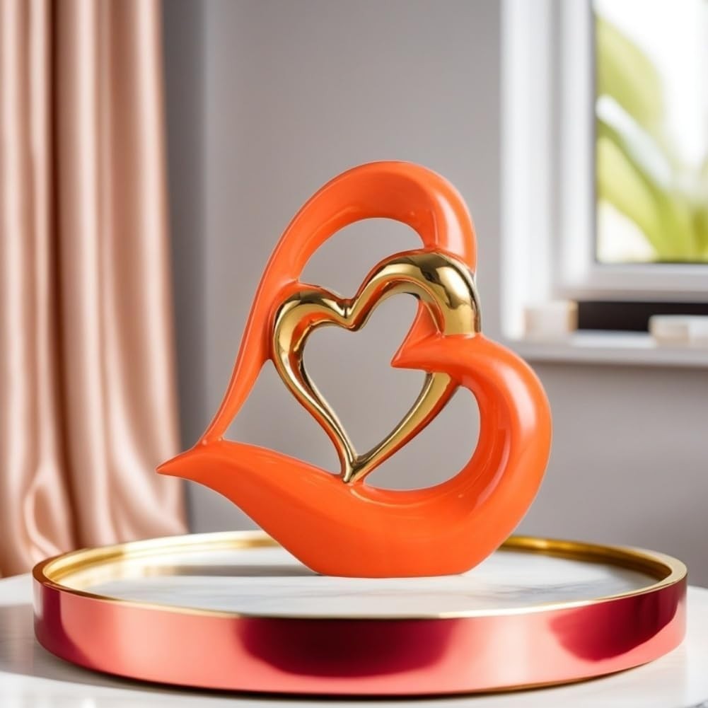 Modern Double Heart Ceramic Sculpture Ornament Gold Accent Home Decor Gift