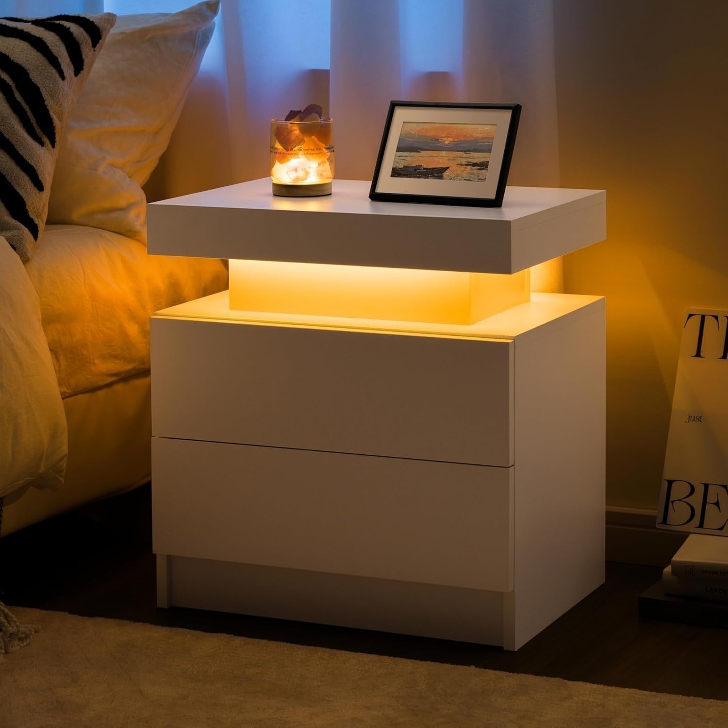 Modern LED Bedside Table with 2 Drawers – RGB Nightstand with Remote Control