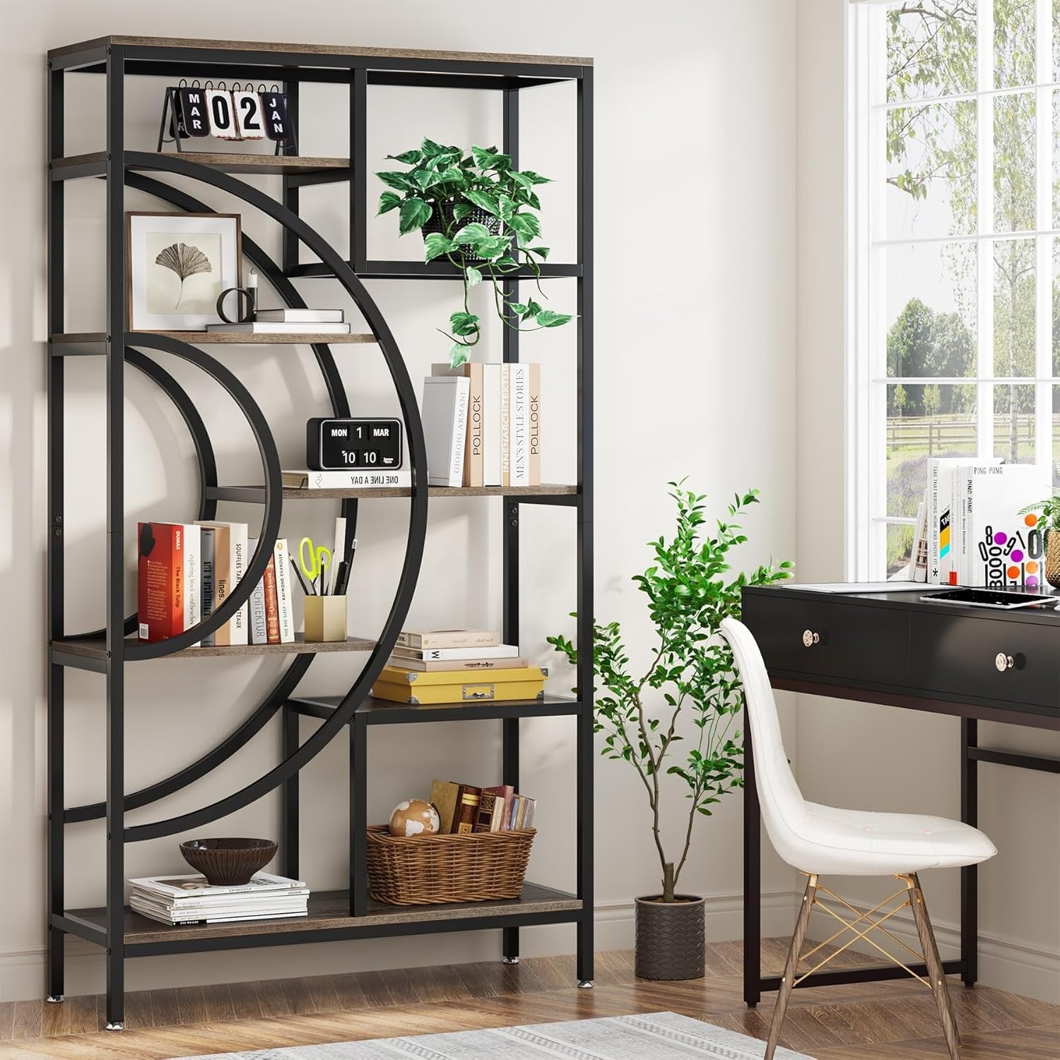 Geometric Industrial Bookshelf Set | 178cm Tall 8-Tier Open Display Shelves (2 P