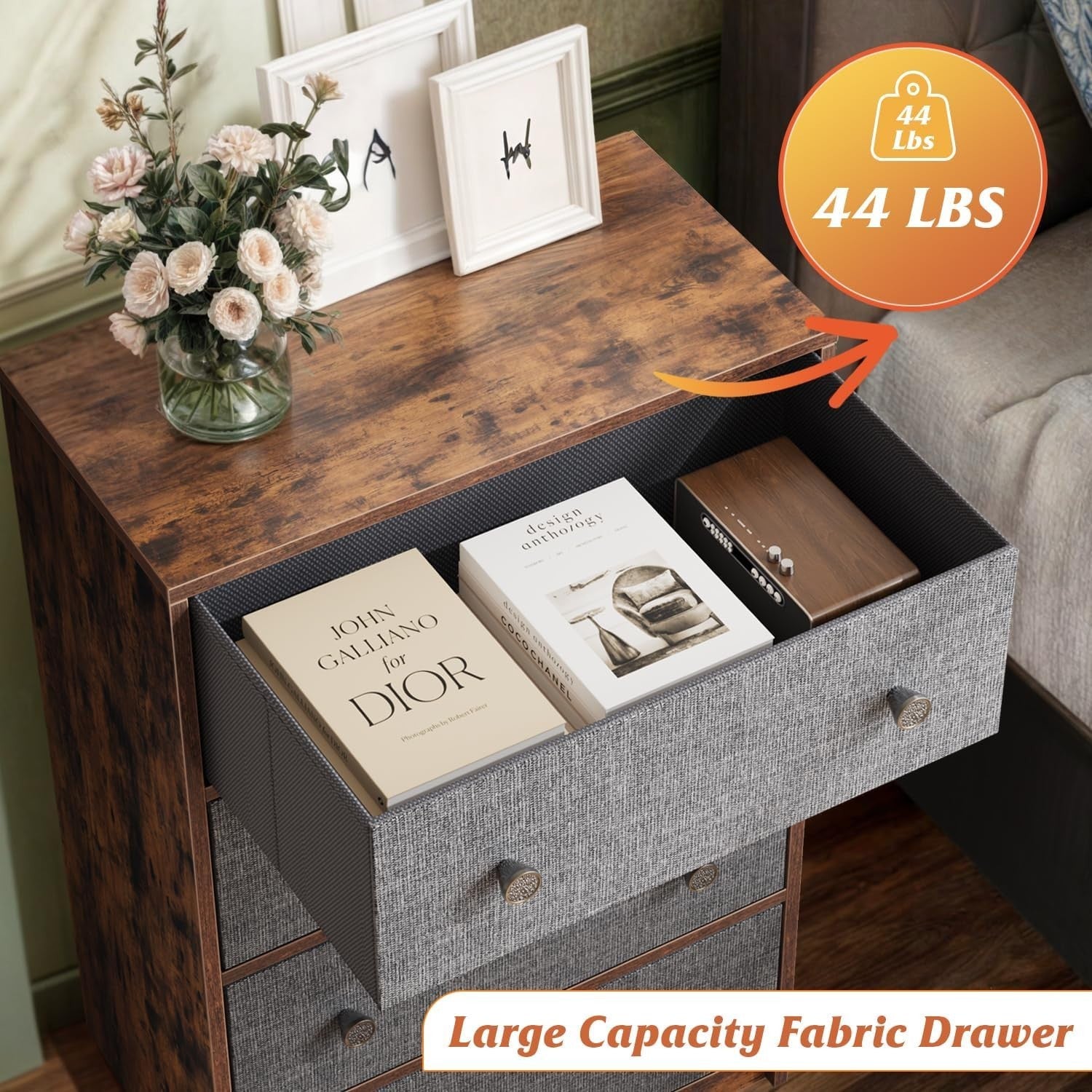 4 Drawer Fabric Chest Grey Rustic Wood Storage Unit for Bedroom Hallway