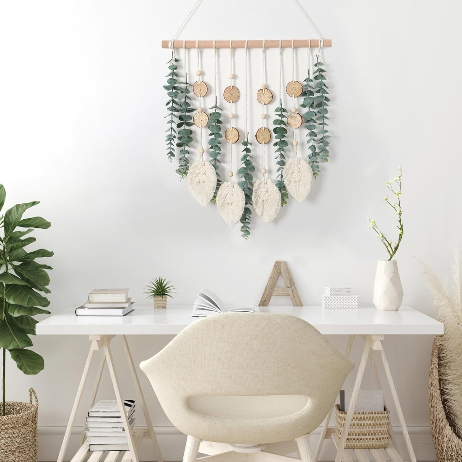 Green Artificial Eucalyptus Macrame Wall Hanging Boho Decor 42x55cm