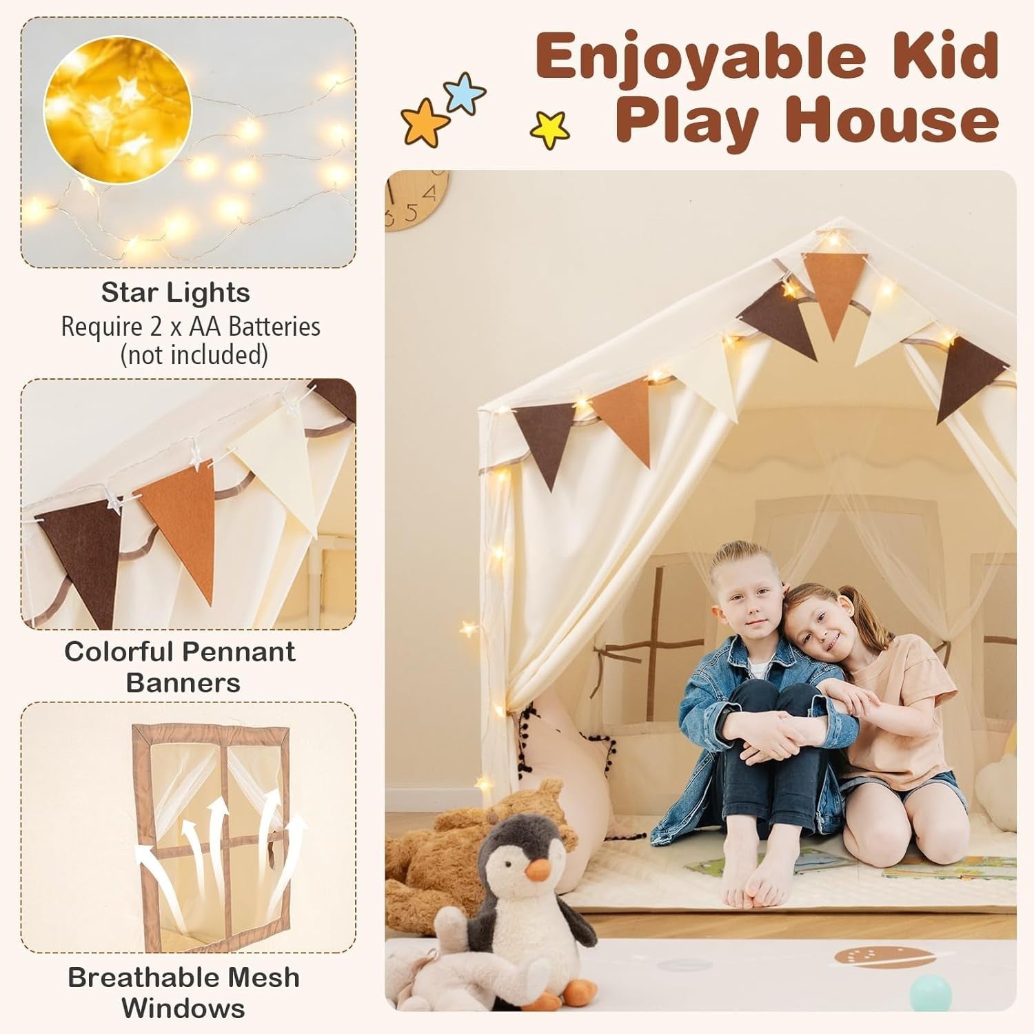 Beige Kids Castle Play Tent Indoor Outdoor w Lights Mat Doors