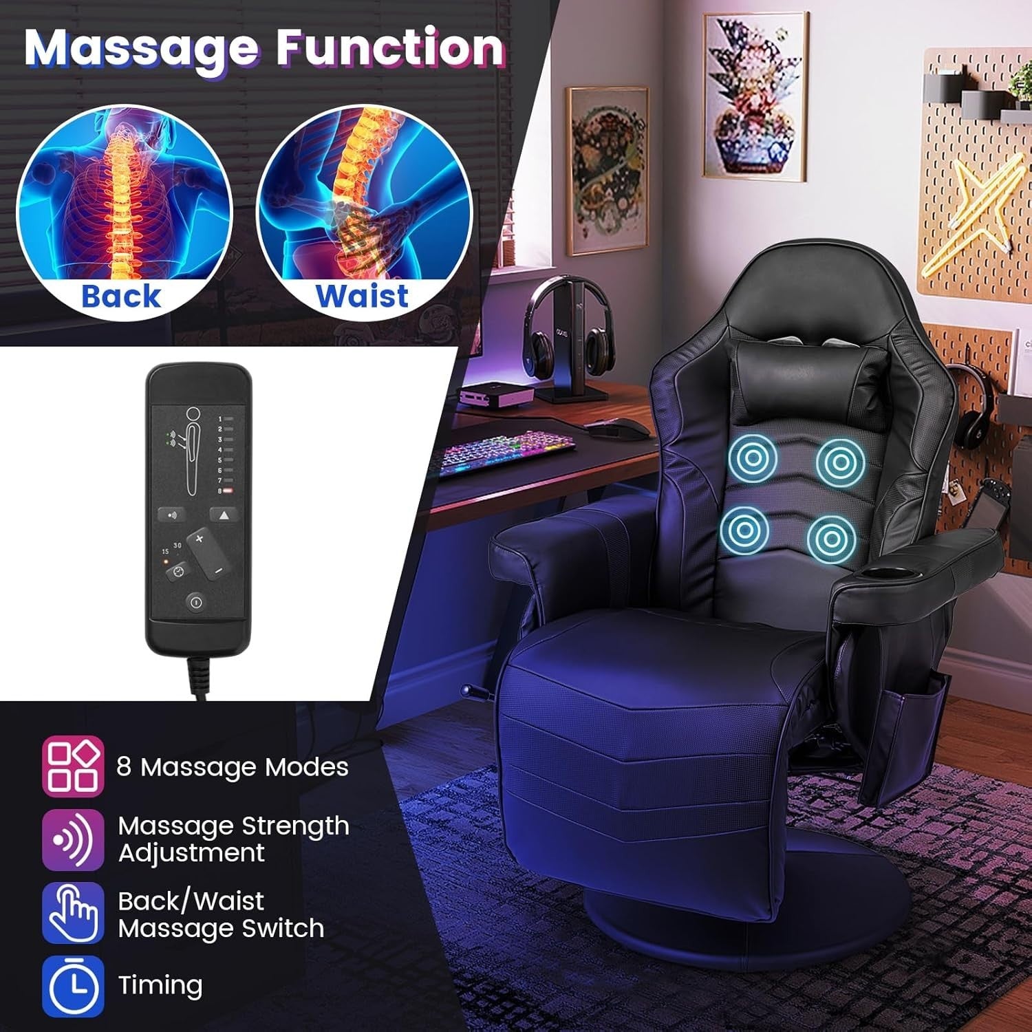 Massage Gaming Chair Recliner Footrest Adjustable Height Swivel PU Leather