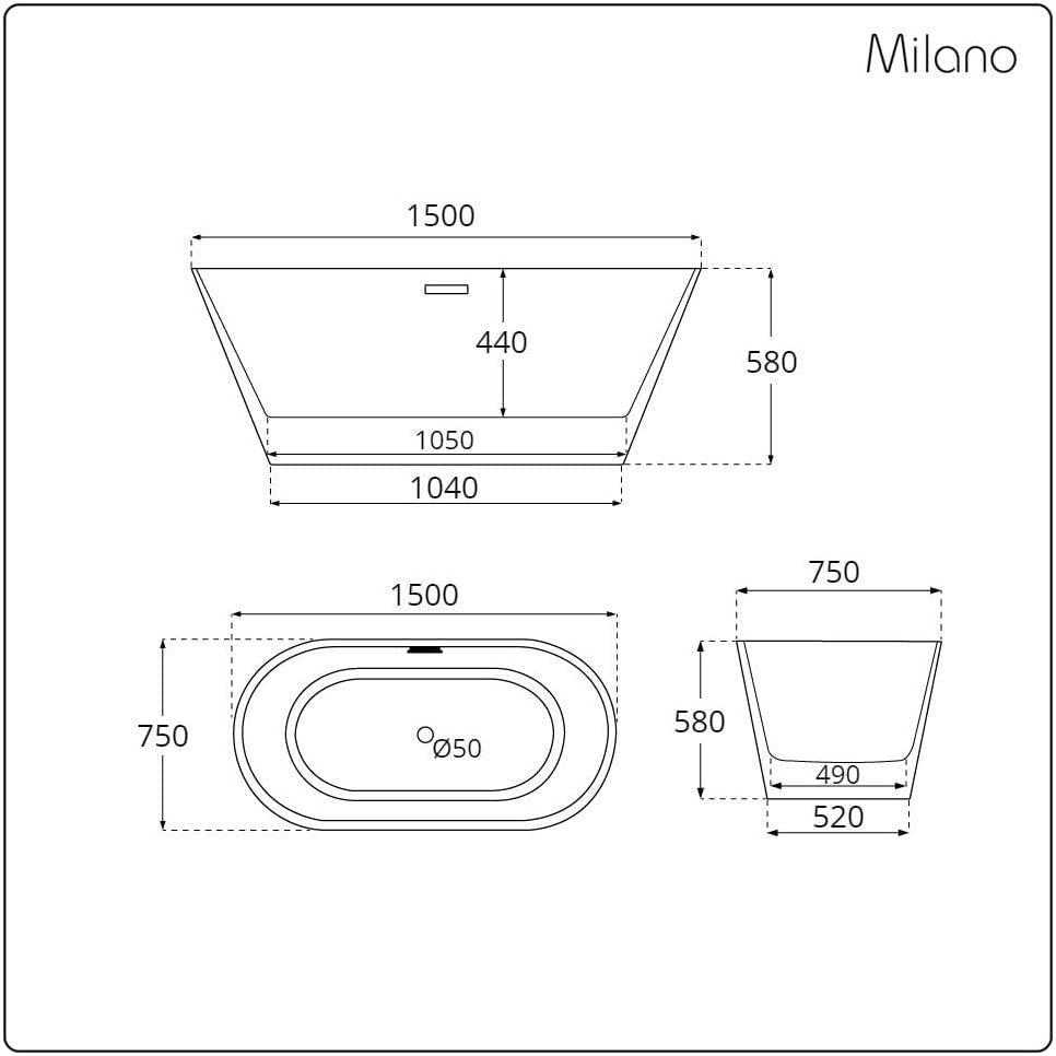 White Double Ended Freestanding Oval Bath 1500x750mm Black Overflow