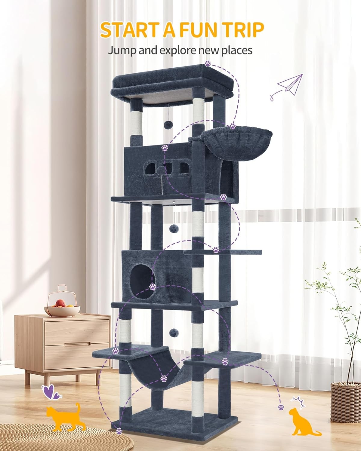 210cm Tall Cat Tree Tower Multi-Level Scratching Posts Condos Large Cats