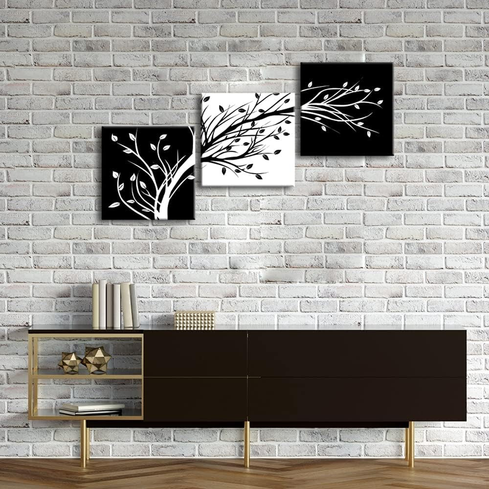 Black & White 3-Panel Leaves Canvas Wall Art 30x30cm Modern Decor