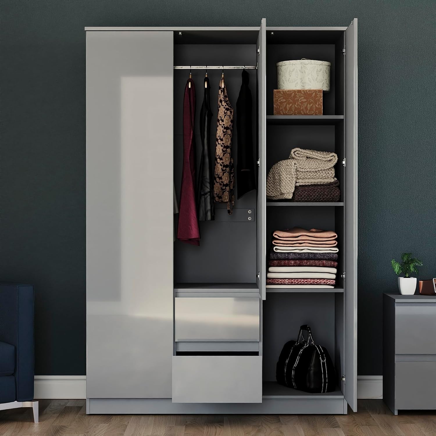 Modern 3 Door Grey Wardrobe with 2 Drawers Storage, Hanging Rail & Easy Setup
